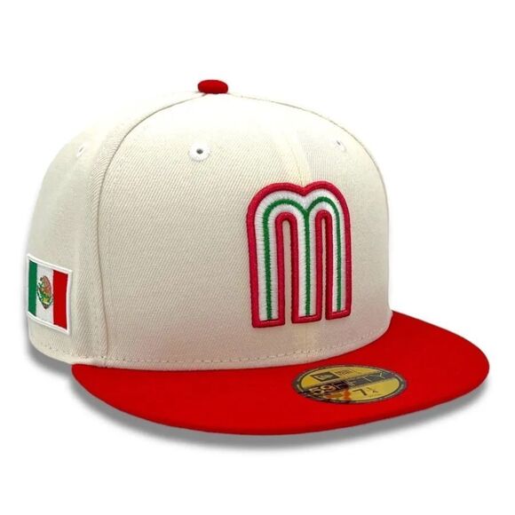 NEW ERA 59FIFTY MEXICO CHROME AND RED MEXICO FLAG PATCH GRAY UV HAT 7 3/8 NWT - Picture 1 of 5